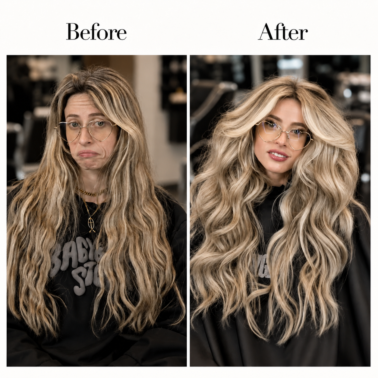 PRETTYGANG before and after — blonde, added length and fullness